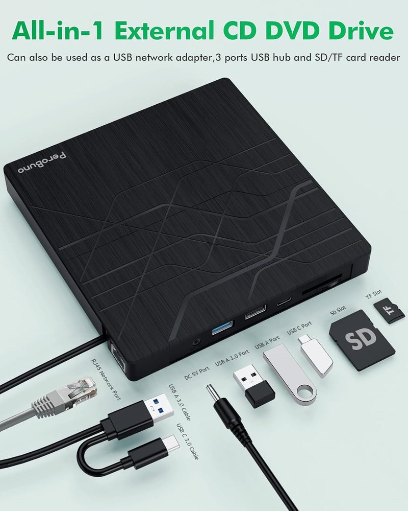 PeroBuno Super External CD DVD Drive, USB 3.0 DVD Burner with Ethernet Adapter, 3 USB and 2 TF/SD Card Ports, CD DVD Player Reader Writer Optical Disk Drive for Laptop MacBook PC Windows 11/10/8/7 Linux Mac OS - Image 3